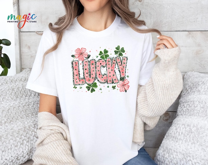 Pink Lucky Shirt with Shamrock, St Patrick's Day Tshirt, Pink Shamrock Tee, Preppy Irish Tee, Four Leaf Clover, St Patyys Gift