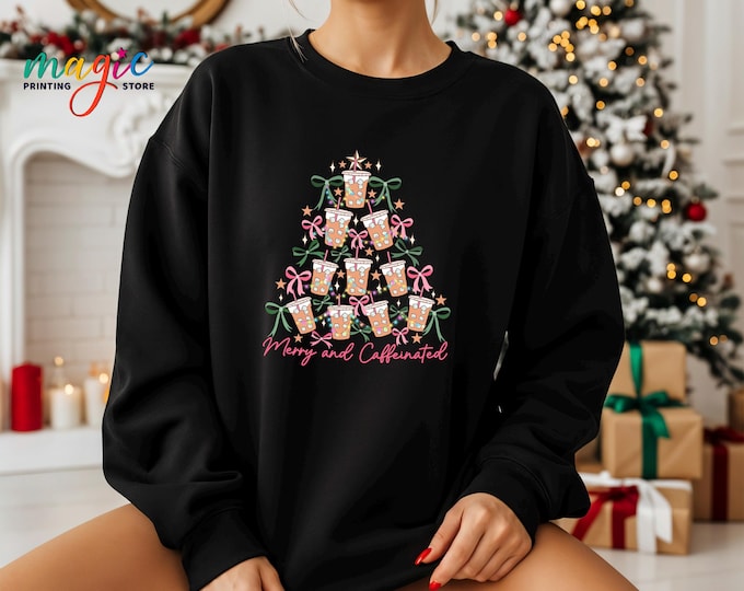 Merry and Caffeinated Christmas Sweatshirt, Coffee Xmas Tree Shirt, Funny Coffee Lover Gift