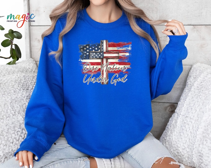 Patriotic Cross American Flag Sweatshirt, Christian Faith USA Sweater, One Nation Under God Top