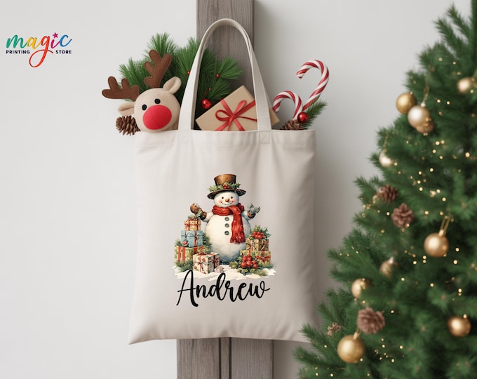 Personalized Snowman Canvas Tote Bag, Custom Name Christmas Gift Bag, Kids Holiday Shopping Tote