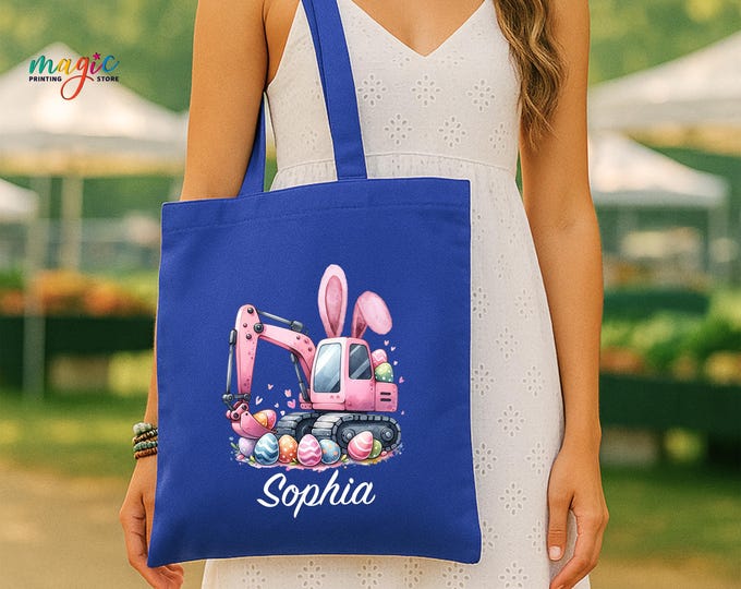 Custom Name Easter Kids Tote Bag, Eggs Excavator Bag, Personalized Construction Easter Tote, Easter Day Bag Gift, Kids Easter Gift