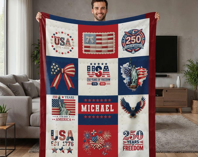 Custom Name 250th Years Blanket, Personalized Blanket with USA Flag, Patriotic Blanket for America,  1776–2026 Blanket, Independence Gift