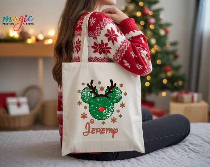 Custom Mickey and Minnie Christmas Tote Bag, Disneyland Xmas Canva Bag, Theme Park Trip Gift
