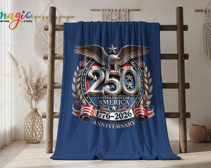 250th Anniversary USA Blanket, Patriotic American Eagle Flag Minky Sherpa Blanket, Independence Day Throw