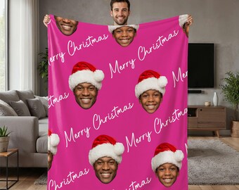 Funny Custom Face Christmas Blanket, Personalized Picture Minky Sherpa Throw, Santa Hat Gift