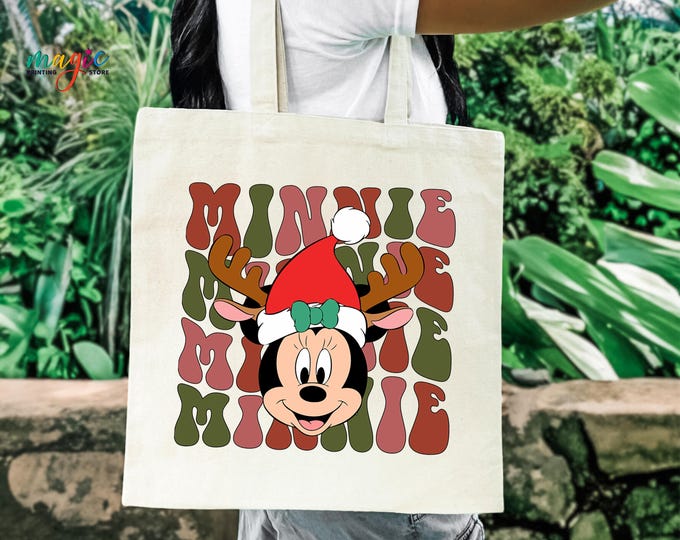 Mickey and Minnie Christmas Tote Bag, Disneyland Trip Canvas Bag, Holiday Xmas Party Gift