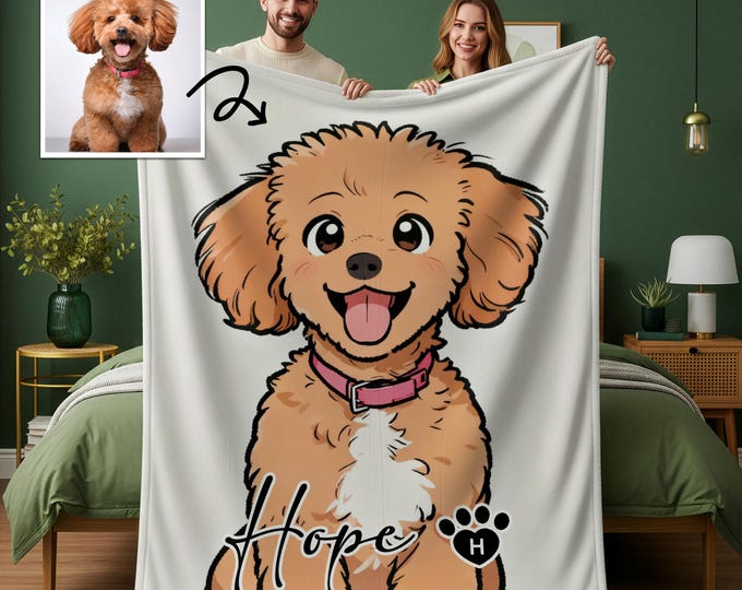 Custom Pet Name Blanket with Portrait, Personalized Pet Portrait Blanket, Pet Face Photo Blanket, Pet Memorial Gift, Pet Lover Blanket