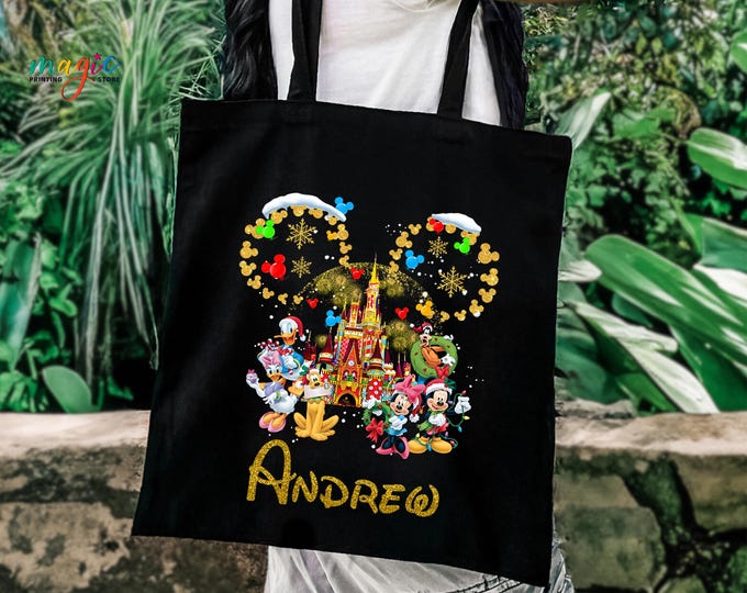 Custom Disney Christmas Tote Bag, Personalized Mickey & Friends Holiday Shopping Bag, Theme Park Trip Gift