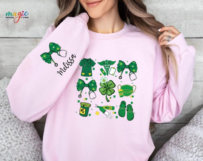 Personalized Nurse St Patricks Day Sweatshirt, Custom Sleeve Name Healthcare St Paddys Hoodie, Lucky Nursing Student Gift