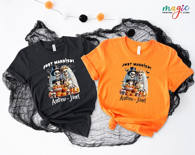 Custom Name Halloween Marriage Tshirt, Just Married Shirt, Halloween Wedding Shirt, Gift for Couples, Funny Halloween Bachelorette Shirt