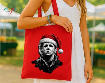 Horror Characters Christmas Tote Bag, Santa Hat Canvas Bag, Spooky Holiday Shopping Bag