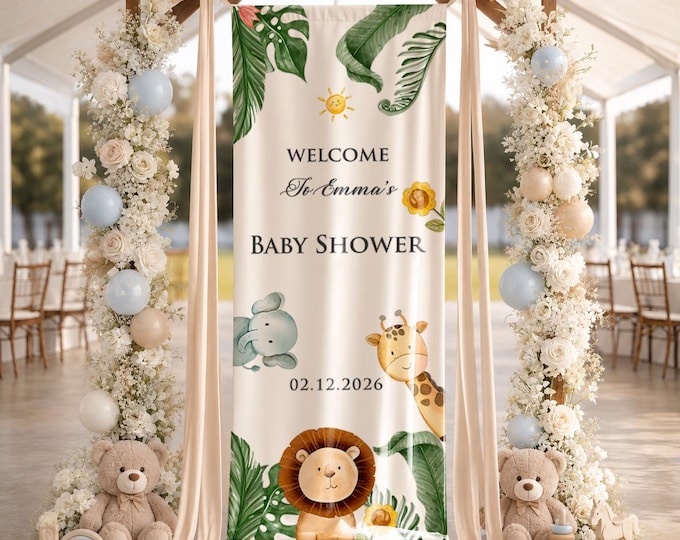 Personalized Animal Design Fabric Baby Shower Welcome Sign, Elegant Outdoor Baby Shower