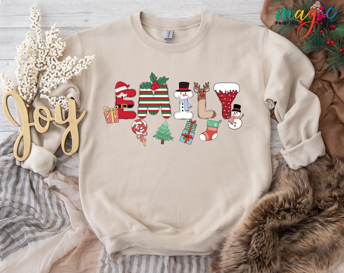 Custom Alphabet Christmas Sweatshirt, Custom Name Xmas Hoodie,  Holiday Family Gifts