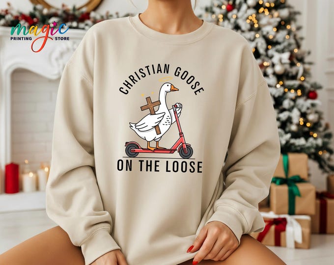 Christian Goose on Loose Sweatshirt, Goose Lover Sweater, Funny Religious Hoodie, Goose Church Sweatshirt with Cross, Christian Gift