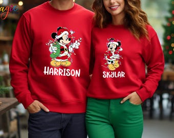 Custom Mickey Minnie Christmas  Sweatshirt, Matching Couple Xmas Hoodie, Disney Festive Outfit