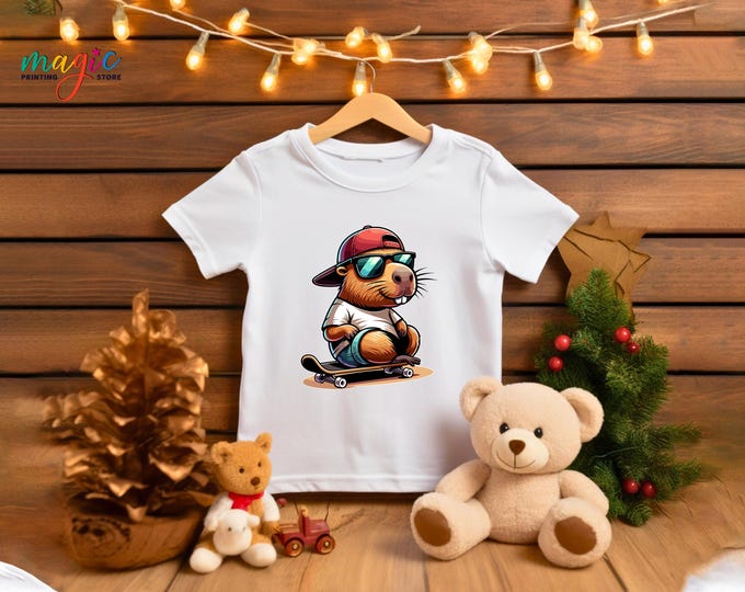 Funny Capybara Skating T-Shirt, Cool Skateboard Animal Tee, Retro Streetwear Shirt for Boys, Unique Capybara Gift, Dancing Capybara Shirt
