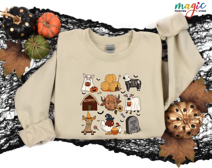 Highland Cow Halloween Sweatshirt, Halloween Farm Sweater, Western Halloween Sweatshirt, Spooky Farm Life Sweater, Country Sweatshirt