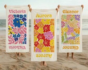 Custom Mother's Day Floral Beach Towel with Name, Personalized Girls Trip Pool Towel, Summer Vacation Gift for Mom