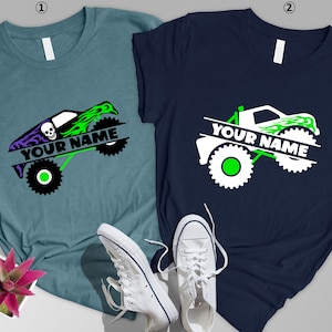 Custom Monster Truck Shirt, Split Name Frame Monster Truck T shirt, Clipart Black, White Skull, Green Flames, Purple Lightning