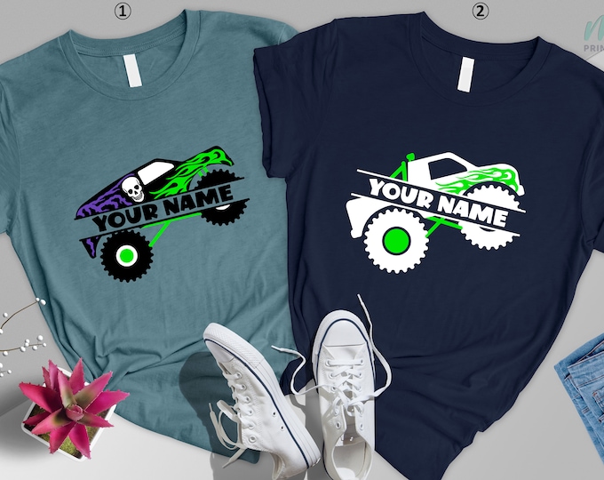 Custom Monster Truck Shirt, Split Name Frame Monster Truck T shirt, Clipart Black, White Skull, Green Flames, Purple Lightning