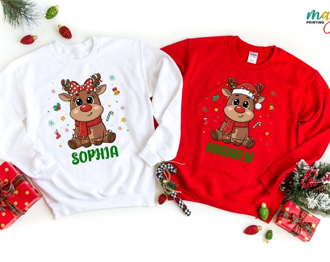 Custom Reindeer Toddler Christmas Sweatshirt, Personalized Name Sweater, Funny Xmas Gifts, Cute Winter Hoodie