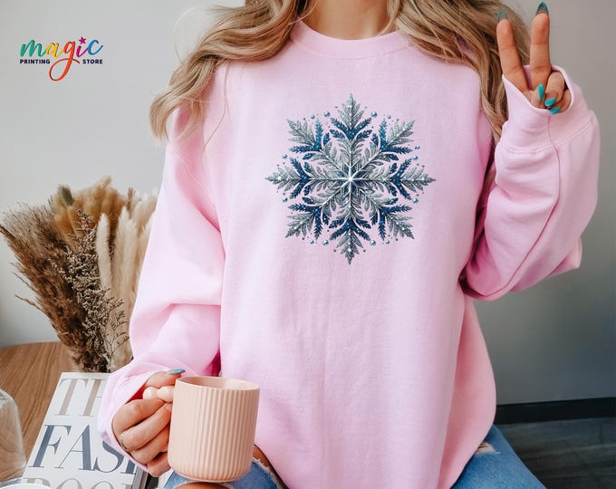 Silver Blue Trendy Snowflake Sweater, Funny Winter Sweatshirt, Winter Lover Sweater, Holiday Season Sweatshirt, Snowflake Winter Sweater