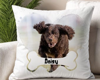 Custom Dog Photo Pillow, Personalized Dog Bone Name Cushion, Pet Portrait Memorial Gift
