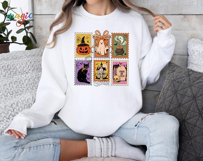Retro Halloween Cat Ghost Sweatshirt, Halloween Tarot Card Sweater,Girly Halloween Hoodie,Spooky Season Sweatshirt,Halloween Pumpkin Sweater