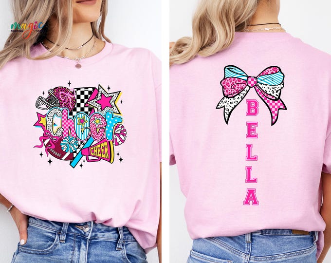 Custom Name Cheerleader Shirt, Colorful Bow Leopard Spirit Tee, Cheer Mom Tshirt, Cheerleading Gift