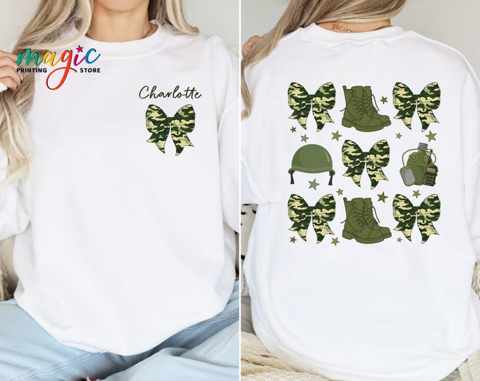 Custom Military Camo Bow Sweatshirt, Army Support Sweater, Personalized Military Family Gift, Army Mom Hoodie
