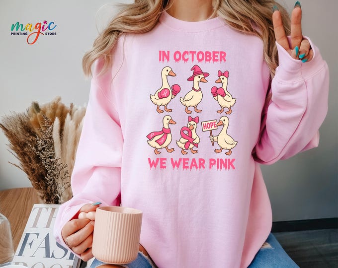 Goose Breast Cancer Sweatshirt, Breast Cancer Awareness Sweater, Pink Goose Sweatshirt, In October We Wear Pink Sweater, Pink Ribbon Hoodie