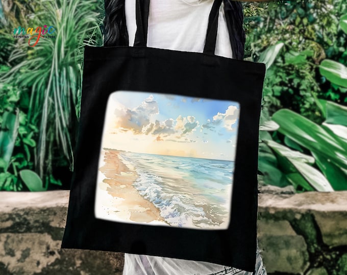 Sea Sunset Tote Bag, Watercolor Travel Bag, Summer Beach Tote Bag, Ocean Canvas Bag, Vacation Bag Gift