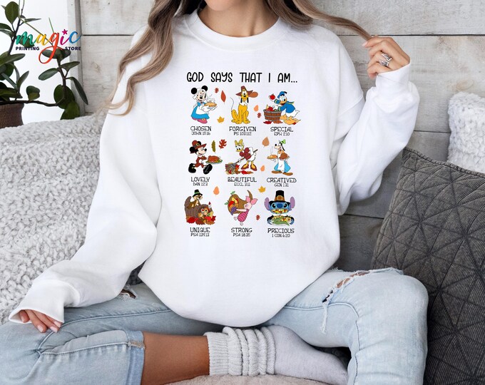 Mickey and Friends Thanksgiving Sweatshirt, Disney Characters Thankful Sweater, Fall Pumpkin Spice Sweatshirt, God Says That I am Thankful