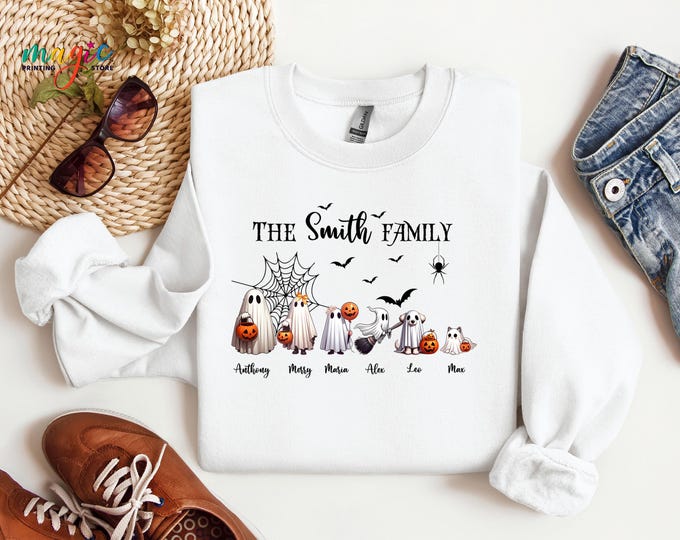 Custom Name Halloween Family Sweatshirt, Matching Halloween Shirts, Personalized Spooky Crewneck, Fall Family Outfit