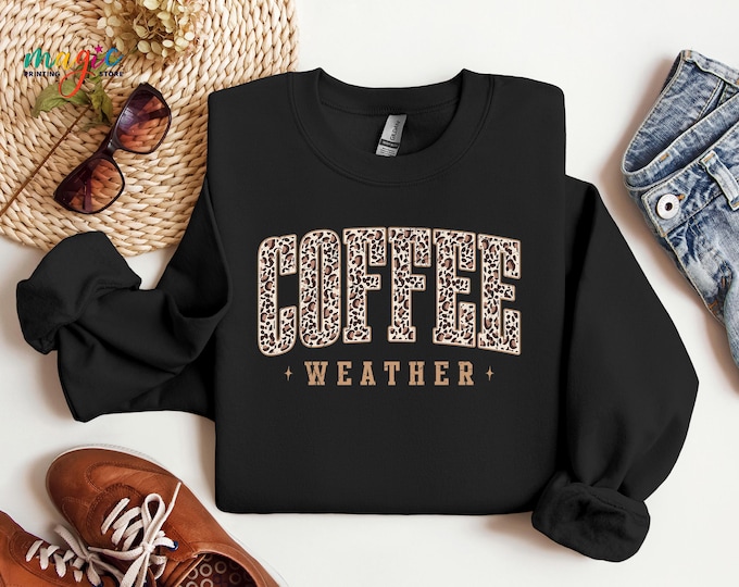 Leopard Coffee Weather Sweatshirt, Retro Winter Hoodie, Fall Coffee Lover Gift, Cozy Season Sweater
