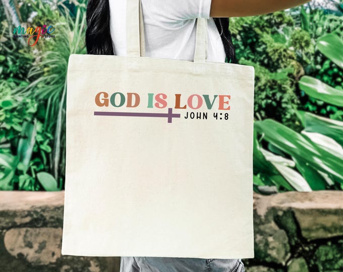 God is Love Tote Bag, Cute Religious Bag with Cross, Bible Verse Bag, Aesthetic Faith Bag, Christian Bag for Church
