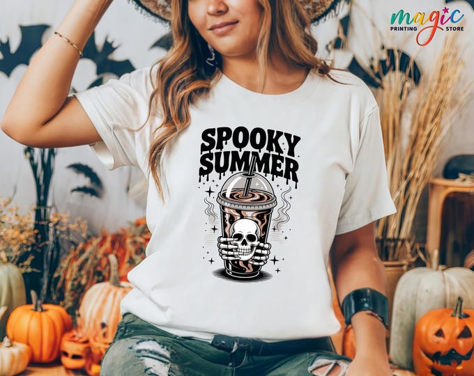 Spooky Summer Tshirt, Halloween Summer Shirt, Skeleton Coffee Shirt, Halloween Skeleton Shirt, Halloween Coffee Lover Shirt, Halloween Gift
