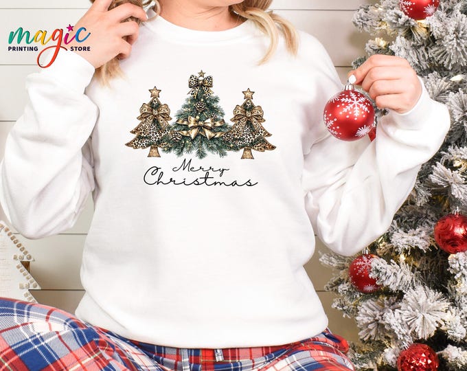 Christmas Tree Sweatshirt, Leopard Print Coquette Bow Tree Sweater, Holiday Sweater, Christmas Winter, Hoodie, Cute Christmas Gift