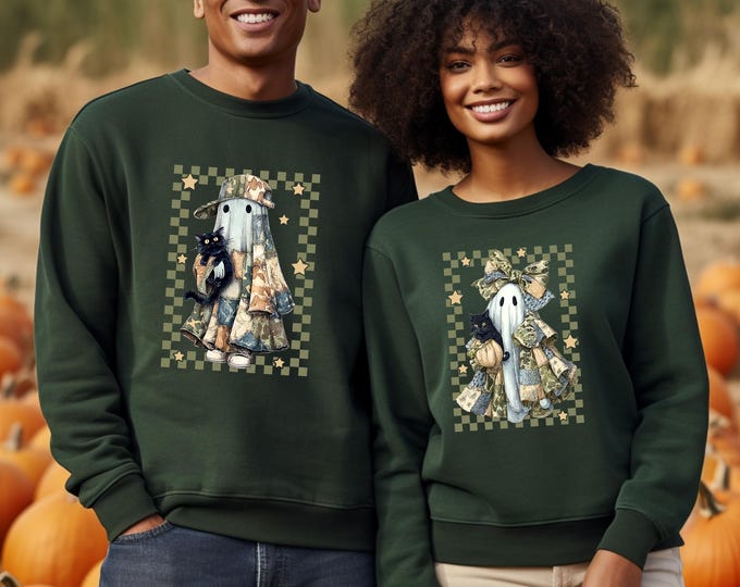 Funny Patchwork Ghost Sweatshirt, Retro Blue Denim Boo Halloween Sweater, Halloween Youths Sweater, Spooky Season Floral Patchwork Hoodie