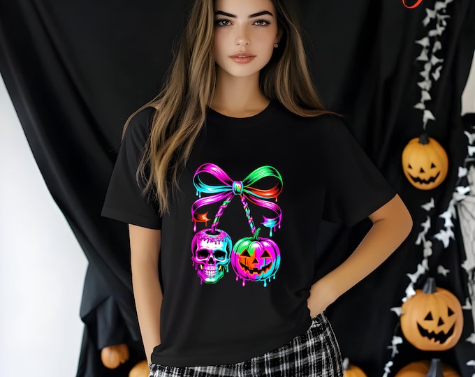 Spooky Cherry Halloween Bow Tshirt, Neon Color Skull Shirt, Halloween Horror Cherry Shirt, Halloween Cherry Tee, Skull and Cherry Shirt