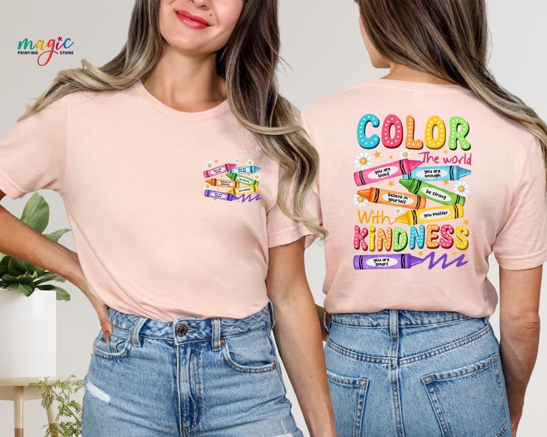 Color the World with Kindness Crayons Shirt, Colorful Teacher Shirt, Back to School Shirt, Funny Student Shirt, Be Kind Shirt, School Shirt image 2