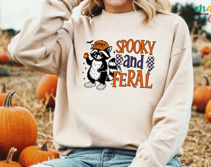 Spooky and Feral Sweatshirt, Halloween Raccoon Sweater, Funny Halloween Sweatshirt, Raccoon Ghost Hoodie, Spooky Season Feral Sweater