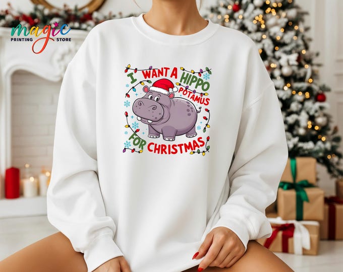 Hippopotamus Christmas Sweatshirt, Cute Xmas Shirt, Christmas Party Gift, Holiday Animal Hoodie, New Years Shirt