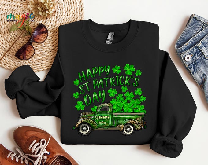 Happy St. Patrick's Day Farm Truck Sweatshirt, Shamrock Farm Green Truck Sweater, Irish Lucky Day Gift