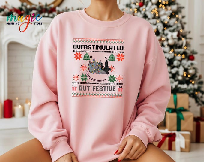 Overstimulated But Festive Sweatshirt, Funny Christmas Possum Sweatshirt, Vintage Winter Hoodie