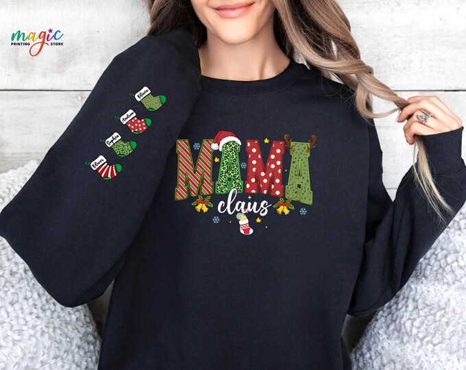 Personalized Mama Claus Sweatshirt with Kids Name on Sleeve, Custom Santa Socks Shirt for Mom, Family Christmas Hoodie