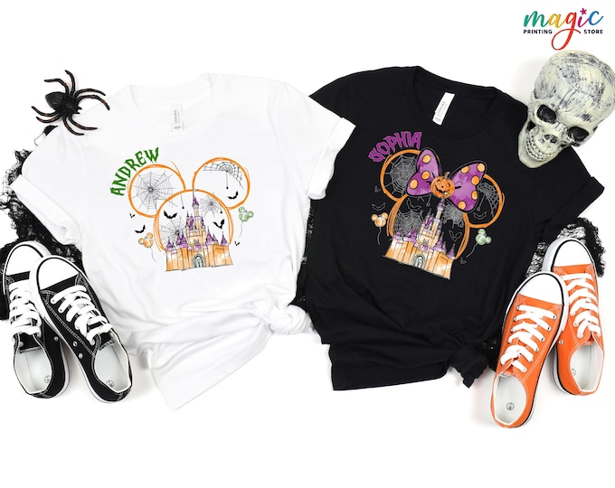 Custom Name Disney Halloween Shirt, Mickey and Minnie Halloween Shirt, Spooky Season Disney Shirt, Personalized Magical Castle Pumpkin Shirt