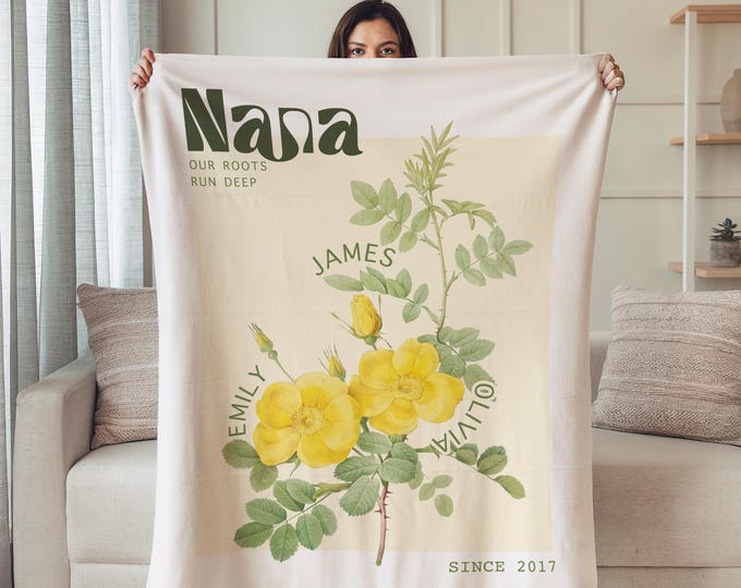 Personalized Floral Nana Blanket, Custom Nana Blanket with Kids Names, Nana Birthday Blanket Gift, Aesthetic Grandma Blanket