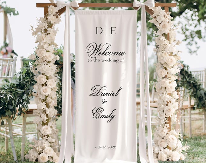 Custom Fabric Wedding Name and Date Welcome Sign Banner, Personalized Ceremony Decor, Rustic Wedding Style