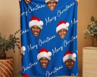 Personalized Christmas Face Blanket, Custom Photo Minky Sherpa Throw Blanket Gift